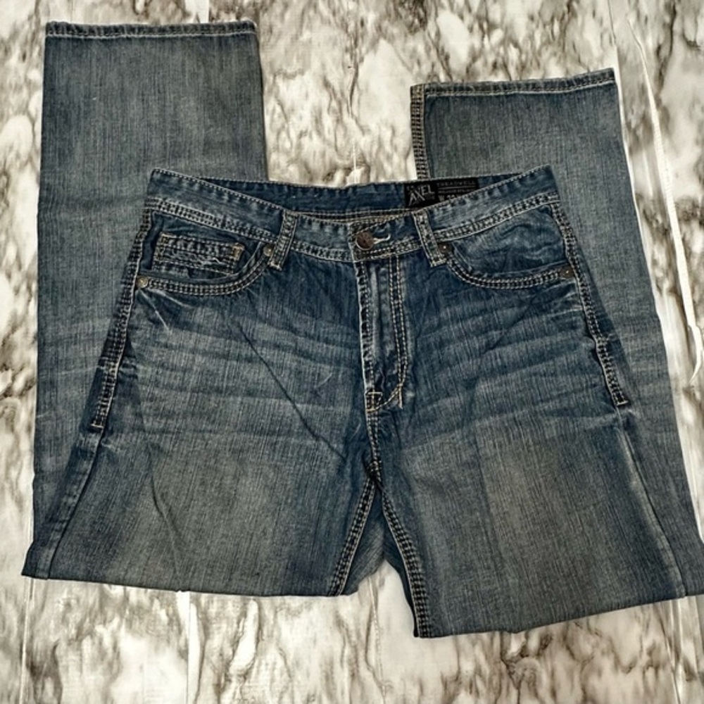 T K Axel Treadwell Relaxed Straight Leg Men Denim Blue Jeans Embroidered Pockets